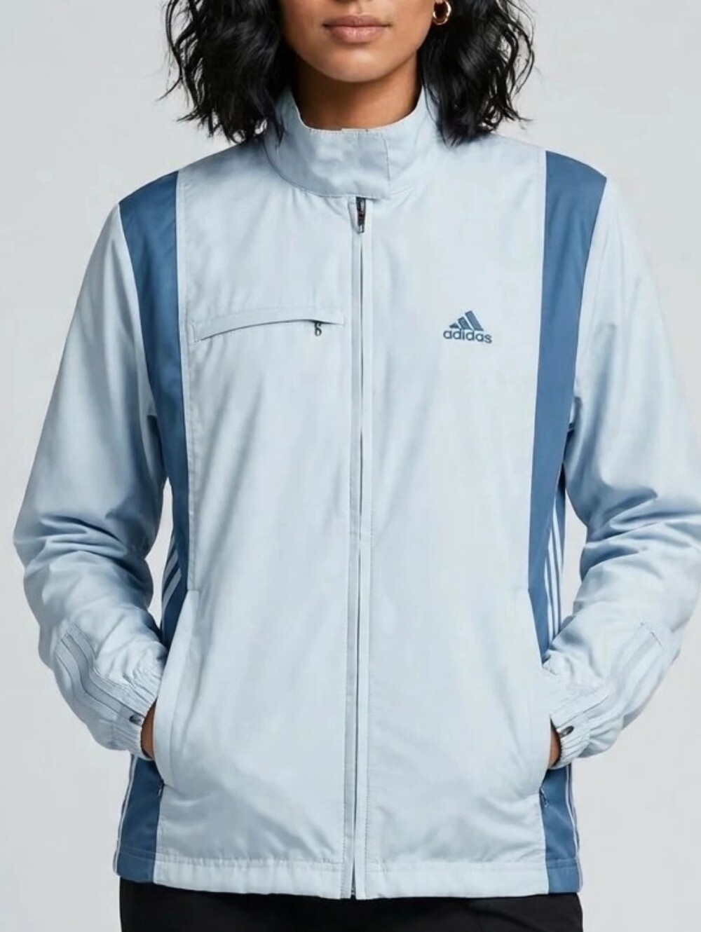 adidas Womens Track Jacket Full Zip Light Blue Windbreaker Y2K Athletic Size M